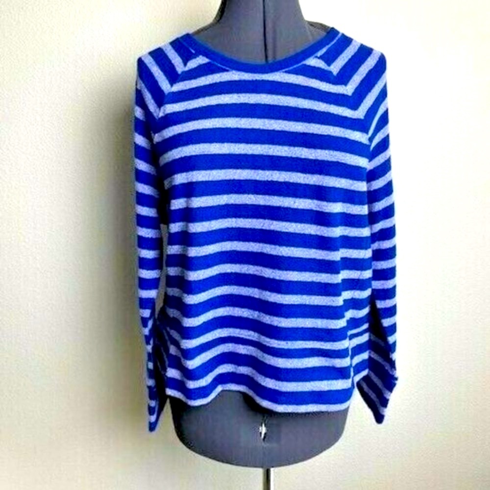 Merona Women Cotton Knit Long Sleeve Boat Neck Striped Blue Large Office Top